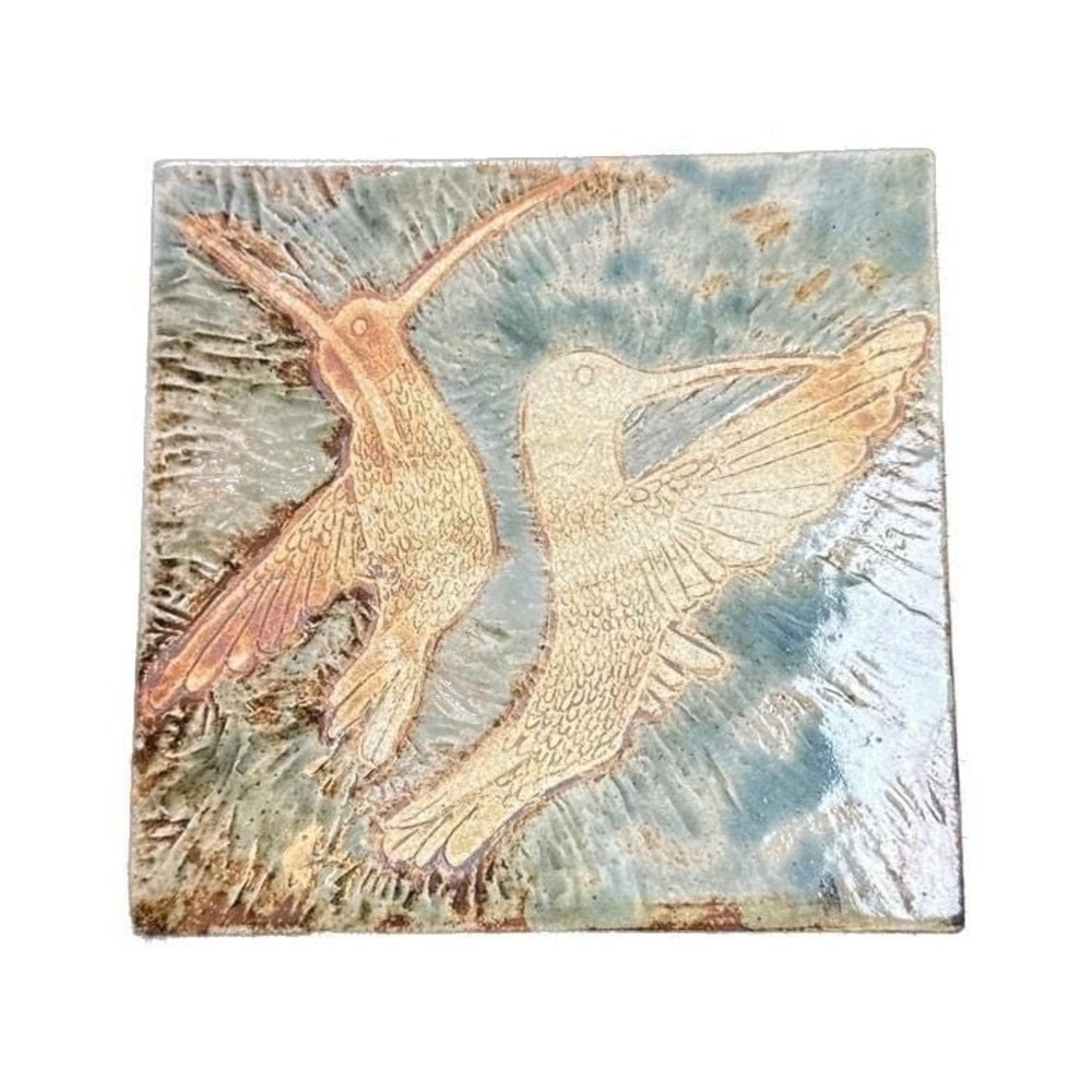 Signed Raku Pottery Hummingbird Wall Art Tile Plaque, Matt 15 6"x6"